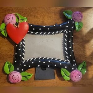 Whimsical Black Polka Dot Picture Frame with Pink Roses & Red Heart